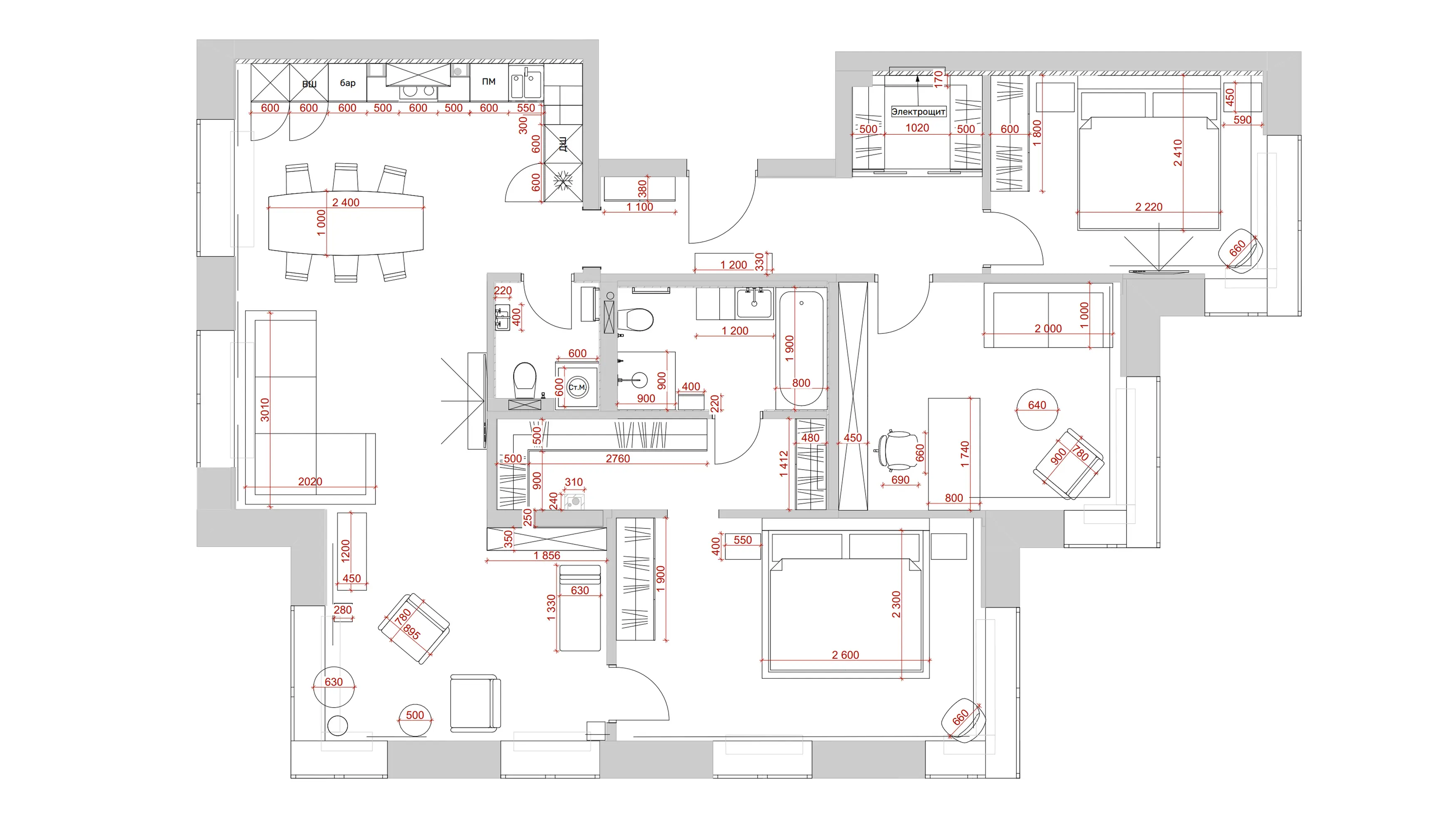 план расстановки мебели с размерами, квартира 130 м²
