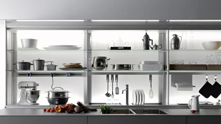 раздвижной фартук на кухне Valcucine: открытая ниша с полками, посудой и техникой над столешницей