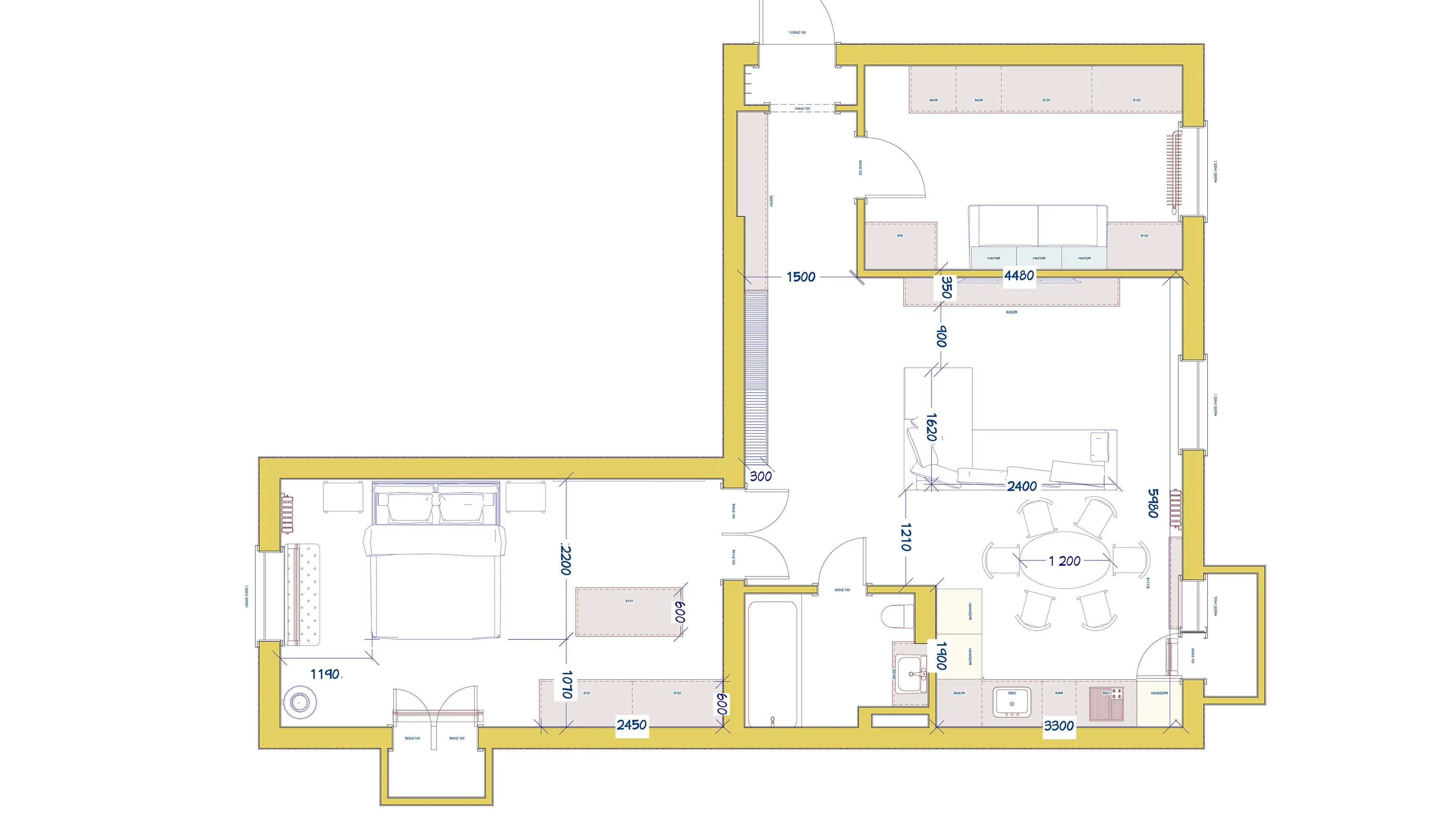 план расстановки мебели с размерами, квартира 74 м²